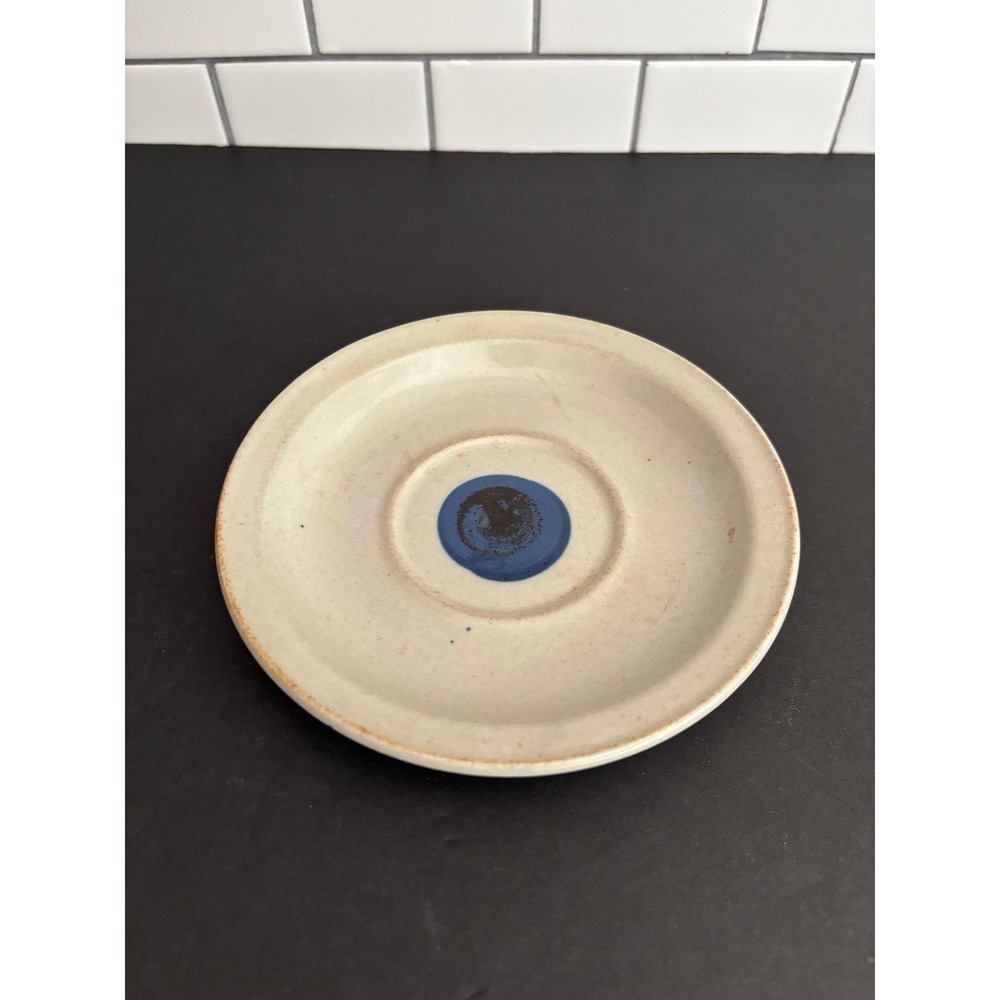 Vintage Iron Mountain Stoneware Saucer Cream Cobalt Blue Dot Minimalist 6.25"